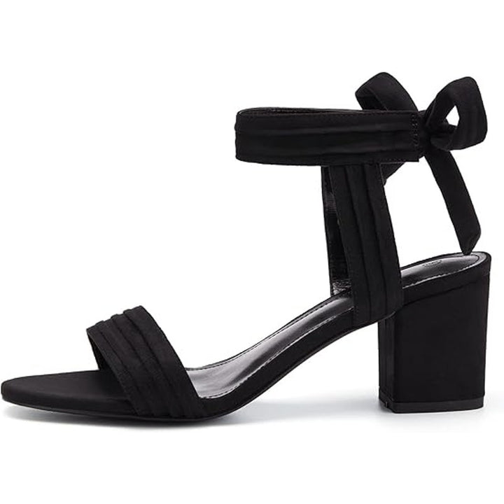 Coutgo Womens 9 Black Faux Suede Open Toe Ankle Tie Back 3" Block Heels Shoes