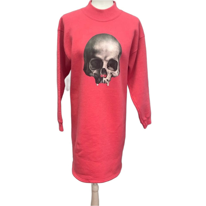 Upcycled Hand Printed Womens Large Human Skull Goth Bones Sweatshirt Dress
