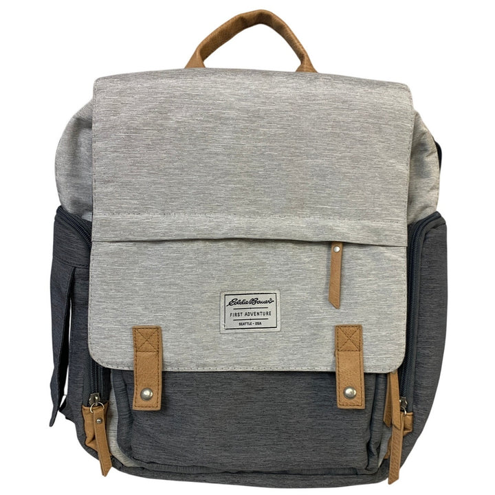 Eddie Bauer Heathered Gray Multi Pocket Zip Up Magnet Latch Back Diaper Bag