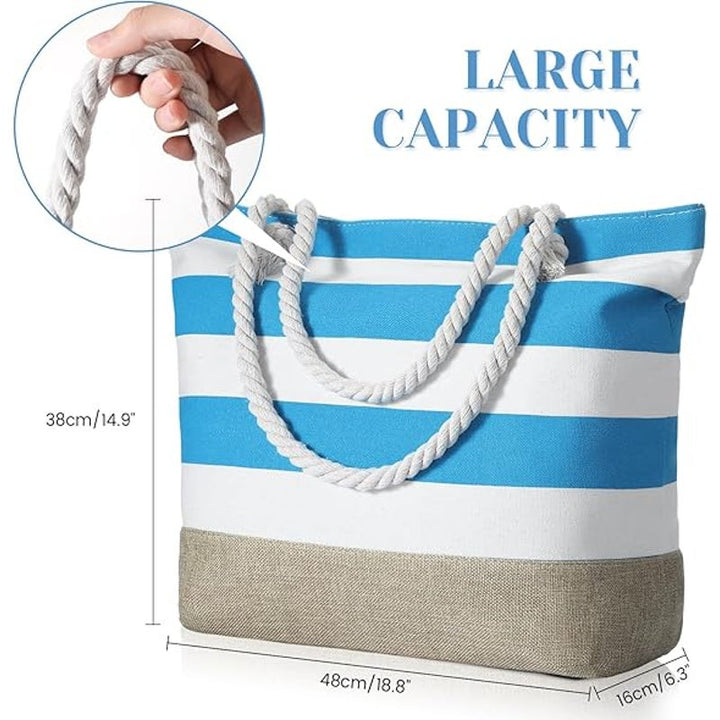 New Tavaleu Blue White Stripe Polyester Canvas Rope Handle Zip Shut Tote Bag