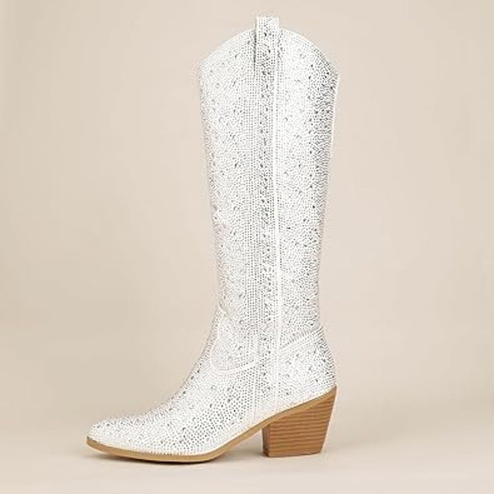 Idifu Womens Size 9 White Silver Rhinestone 3" Block Heel Cowboy Western Boots