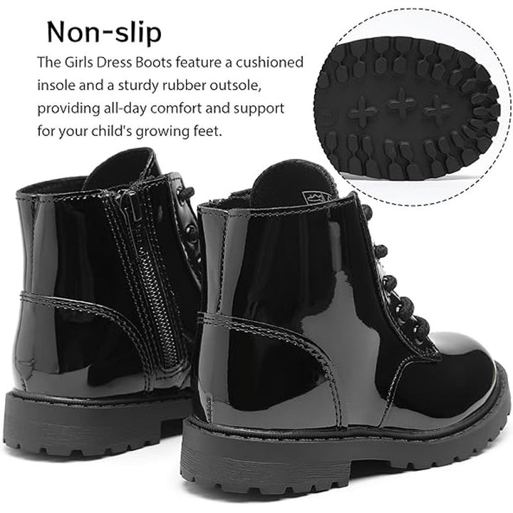Girls Size 10 Black Patent Leather Lace Up Size Zip Ankle Combat Dressy Boots