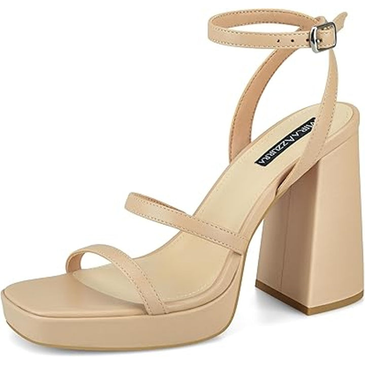 MiraAzzurra Womens Size 6 Tan 4.5" Chunky Heel Open Toe Ankle Strap Sandal Shoes
