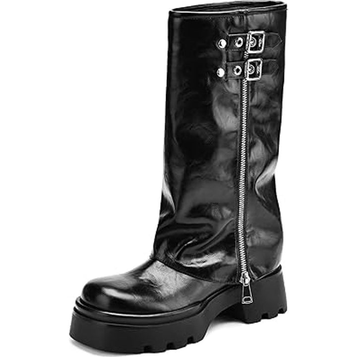 Teaieui Women Size 6.5 Black Faux Leather 2" Heel Mid Calf Buckle Zip Moto Boots