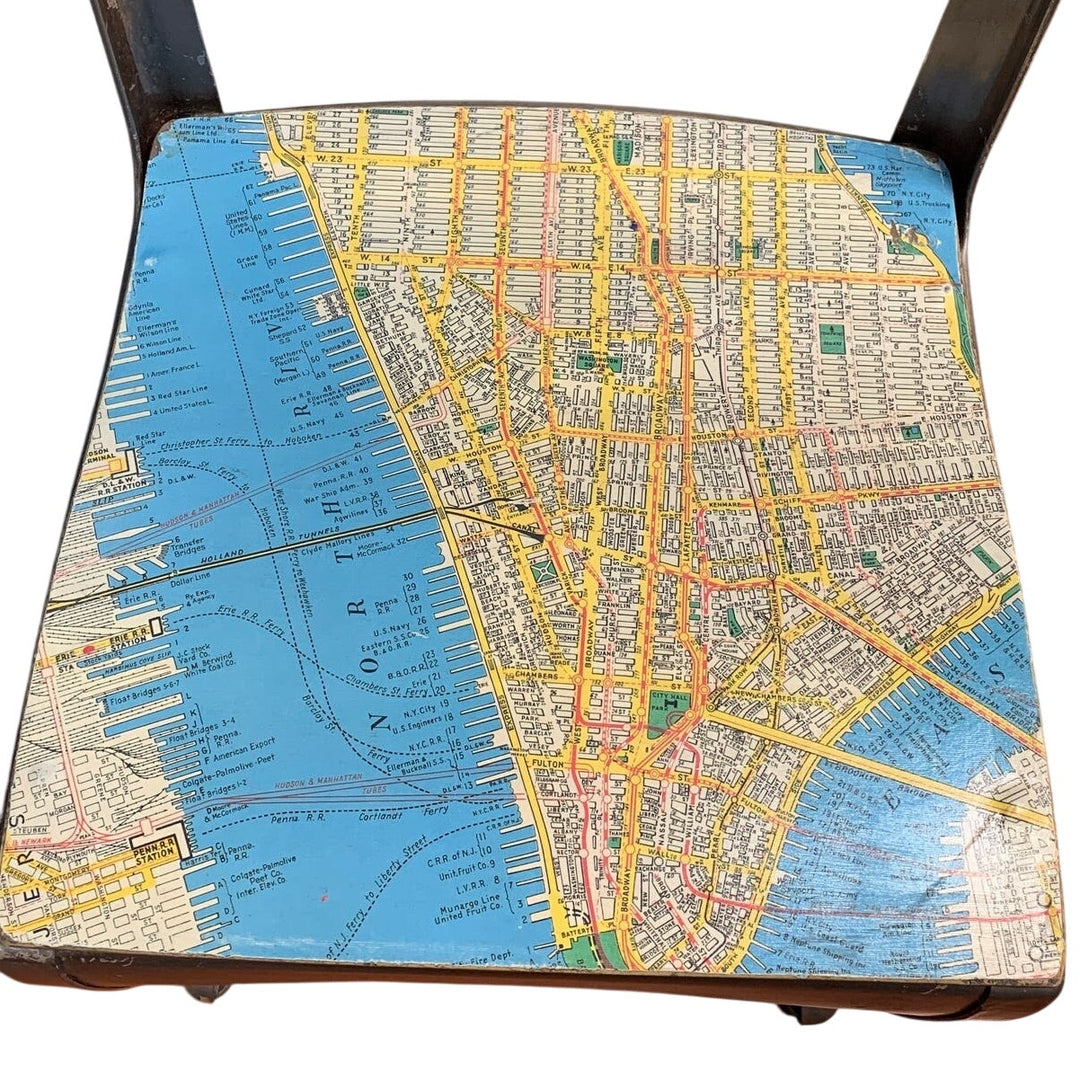 Vintage Small Metal &amp; Wood Child Desk Chair Decoupaged w 1952 Manhattan Map