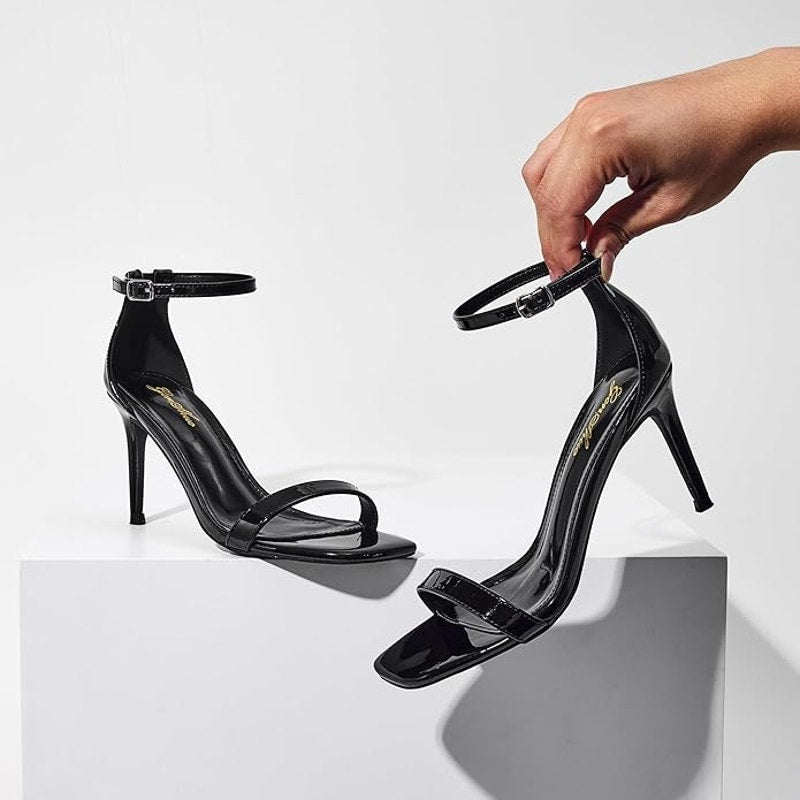 Genshuo Womens Size 9.5 Black 3.5" Heels Open Square Toe Ankle Strap Pumps Shoes