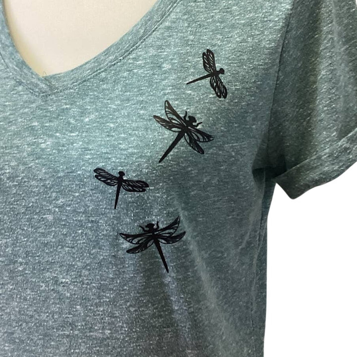Hand Printed Upcycled Juniors Large Dragonfly V Neck Short Sleeve Tee Shirt