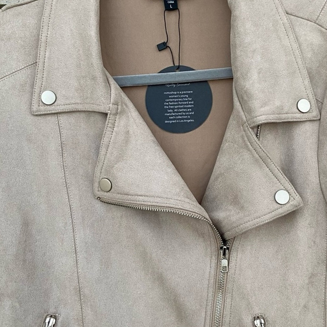 NWT New Mittoshop Womens Medium Light Gray Vegan Suede Full Zip Collared Jacket