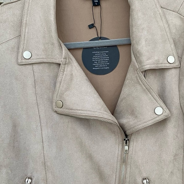 NWT New Mittoshop Womens Medium Light Gray Vegan Suede Full Zip Collared Jacket