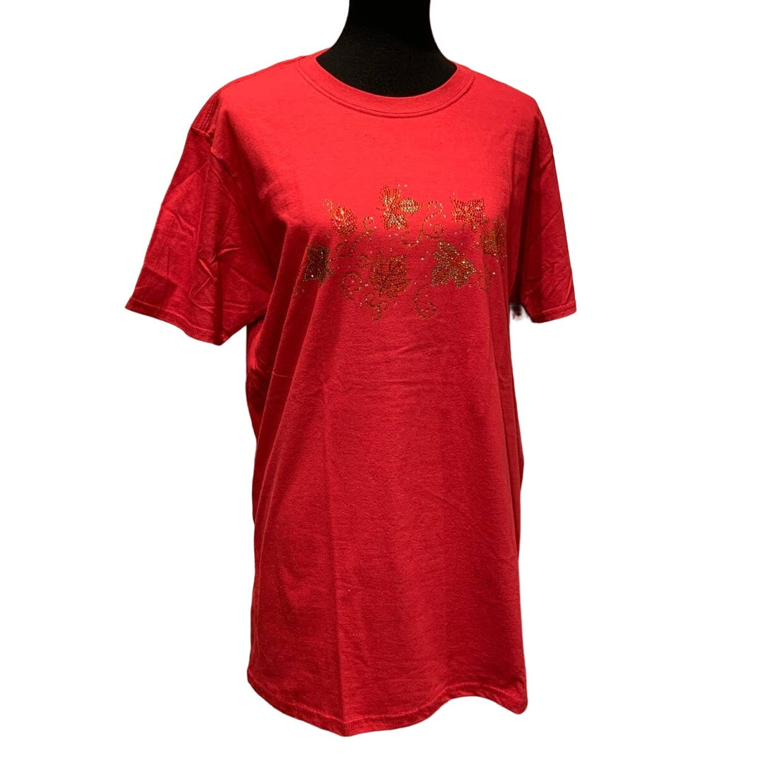 New Hand Printed Large Cotton Rhinestone Fall Autumn Leaves Red Short Sleeve Tee
