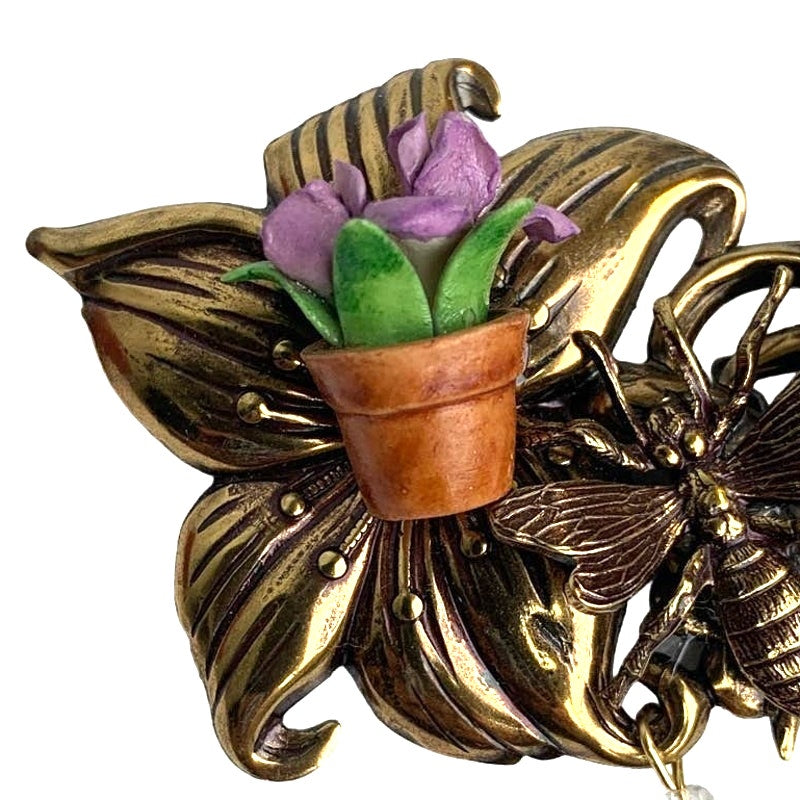 Vintage Ladybug Gardening Ceramic Flower Pot Violet Metal Pin Brooch w Gift Box