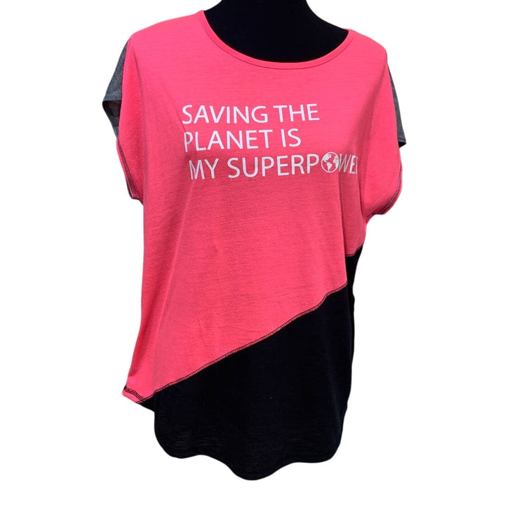 Hand Printed Upcycled Womens Large Saving the Planet Superpower Athletic Tee