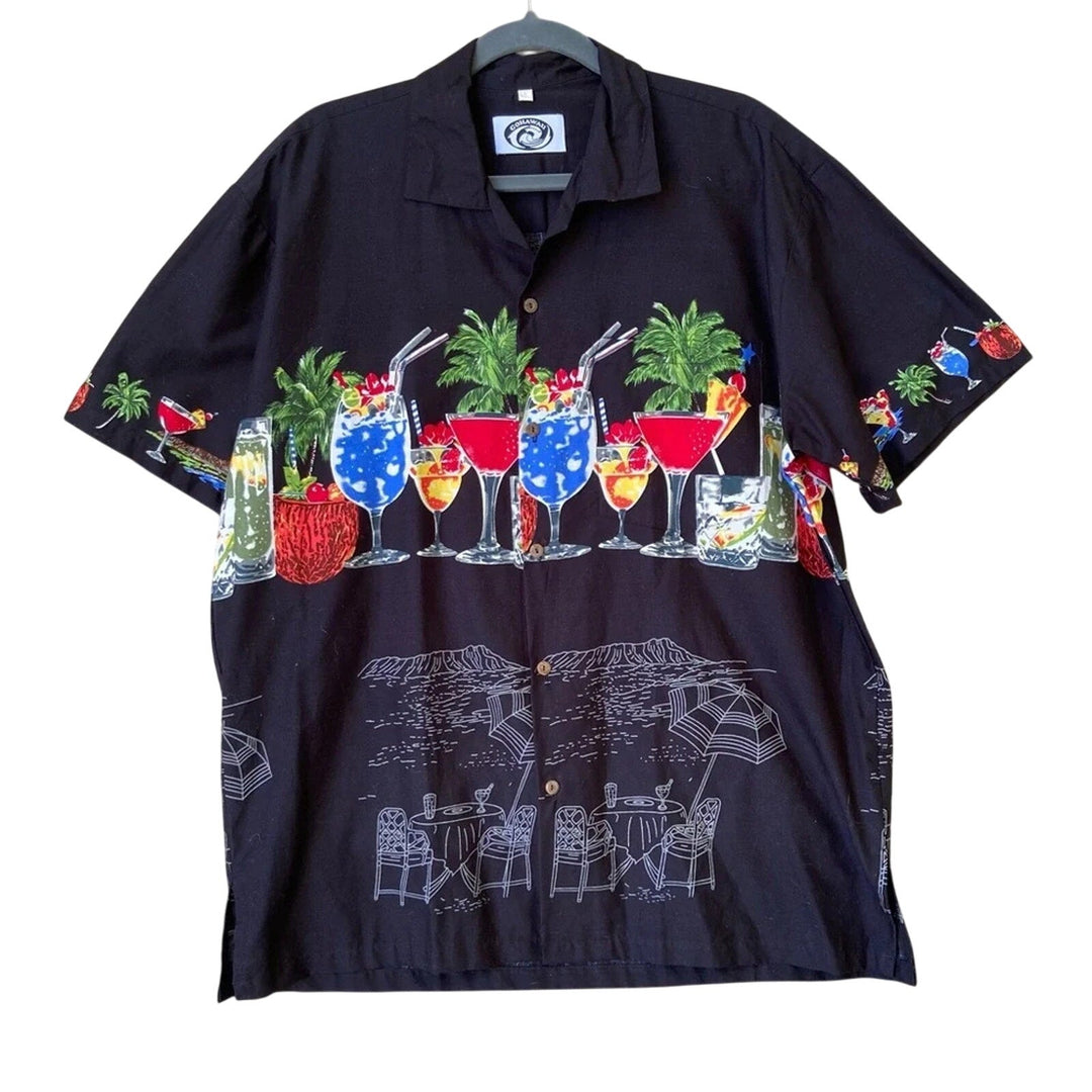 New Gohawaii Mens Large 100% Cotton Mixed Drink Button Up Short Sleeve Shirt