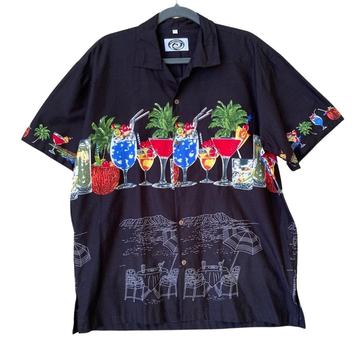 New Gohawaii Mens Large 100% Cotton Mixed Drink Button Up Short Sleeve Shirt