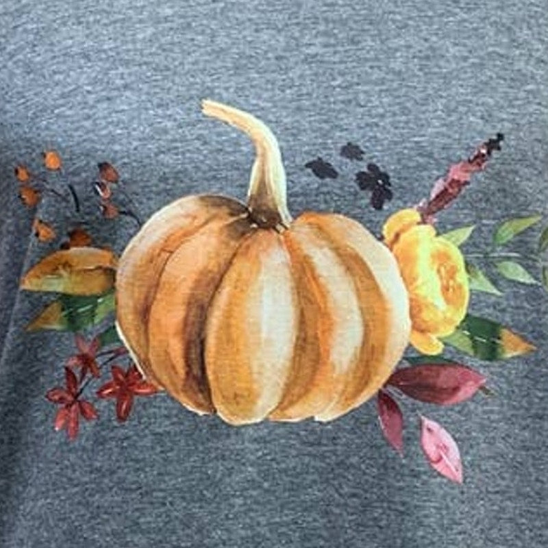 New Hand Printed Womens Small Pumpkin Autumn Fall Flower 3/4 Sleeve Raglan Tee