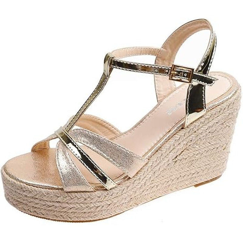 Makegsi Womens Size 10 Shiny Gold 4" Espadrille Wedge Heel Open Toe Sandal Shoes