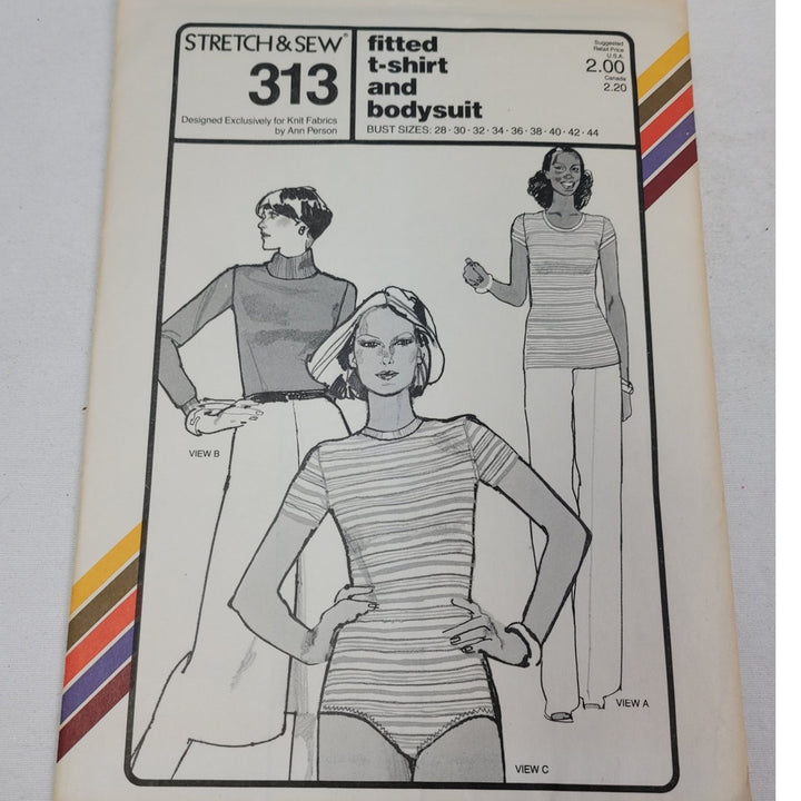 Vintage 1979 Stretch &amp; Sew 313 Fitted T-Shirt Bodysuit Knit Fabric Uncut Pattern