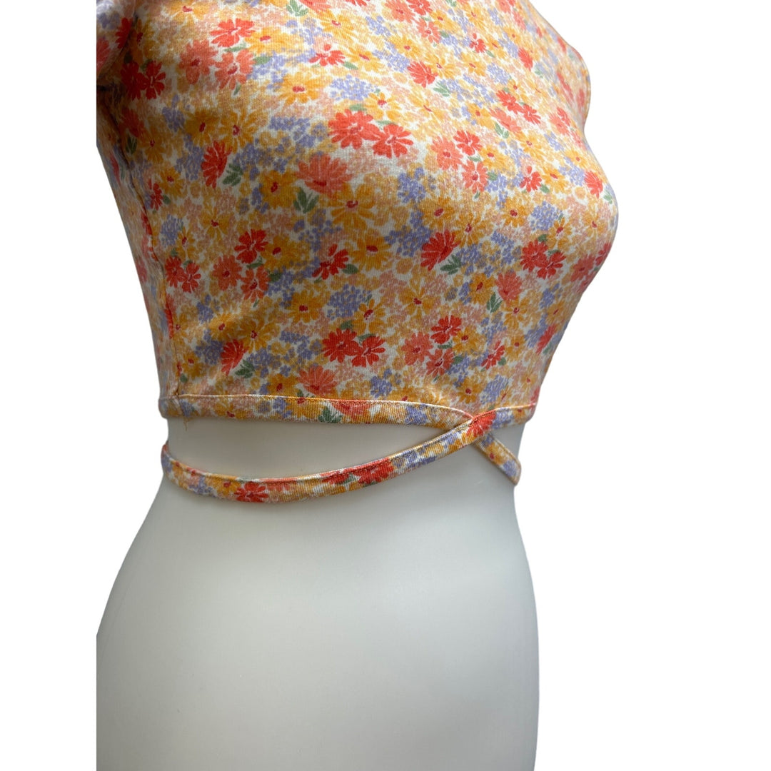 Arizona Womens Medium Cropped Straps Short Sleeve Floral Tee Halter Top Shirt