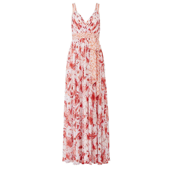 Badgley Mischka Size 14 Pink Floral Cris Cross Back Deep V Flowy Maxi Dress Gown