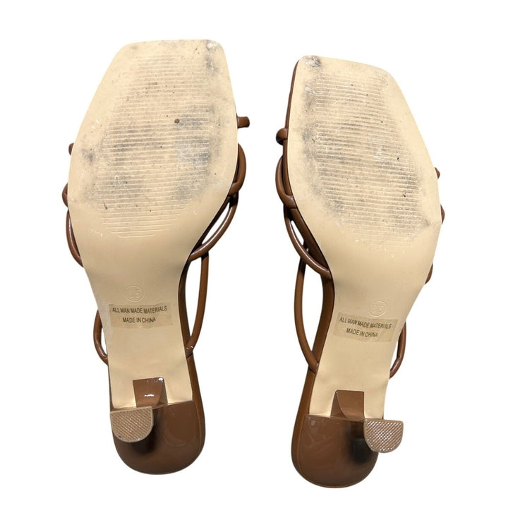 LoopCharm Womens Size 8.5 Brown 3" Heel PU Leather Open Square Toe Shoes