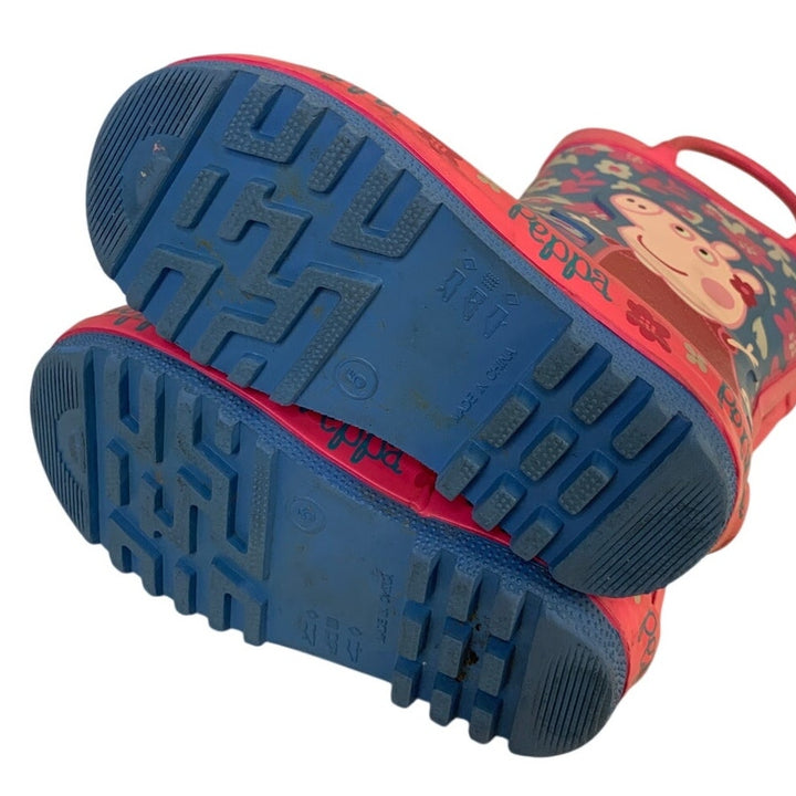 Girls Size 5 Pink Blue Rain Boots Floral Peppa Pig Handled Outdoor Shoes