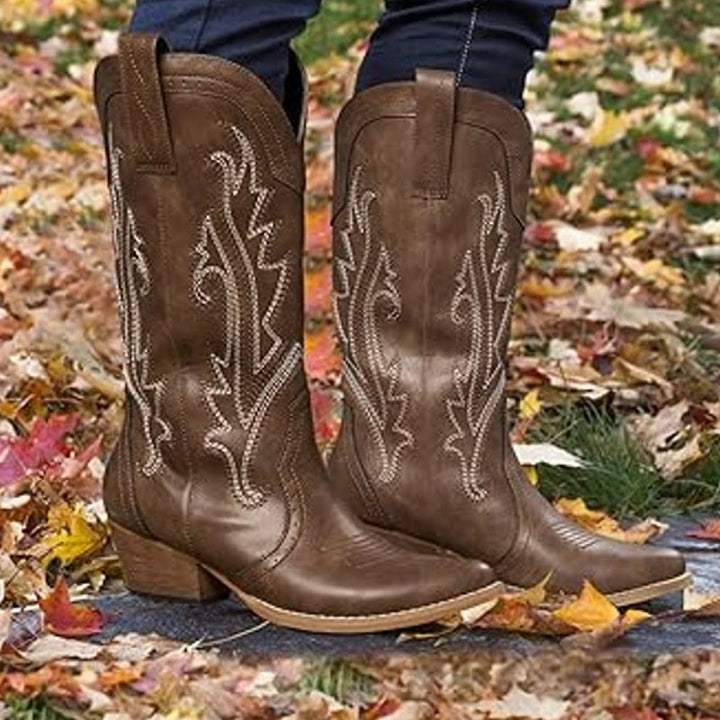 Rollda Womens Size 6 Dark Brown Faux Leather 2" Block Heel Western Cowboy Boots