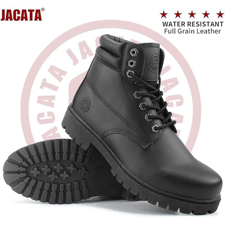 Jacata Mens Size 10 Black Faux Leather Work Lace Up Round Toe Rubber Sole Boots