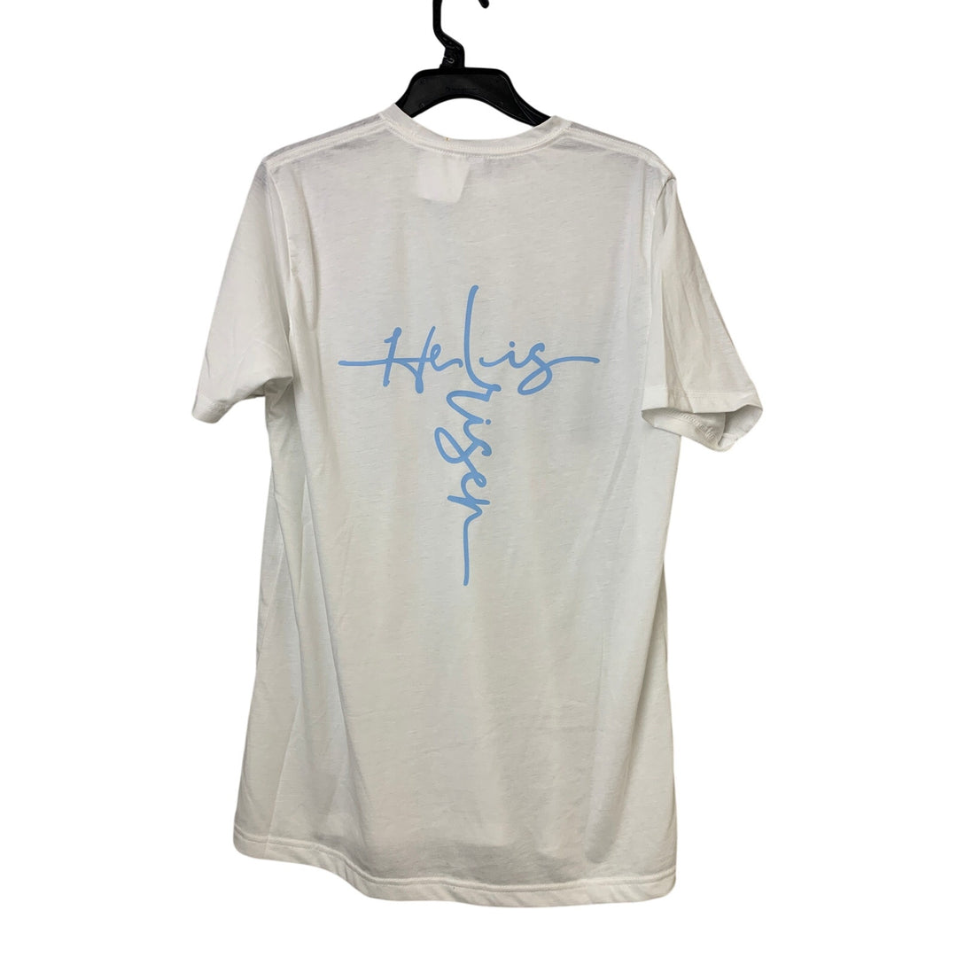 New Hand Printed Womens Large He Is Risen Faith Cross Short Sleeve Tee Shirt