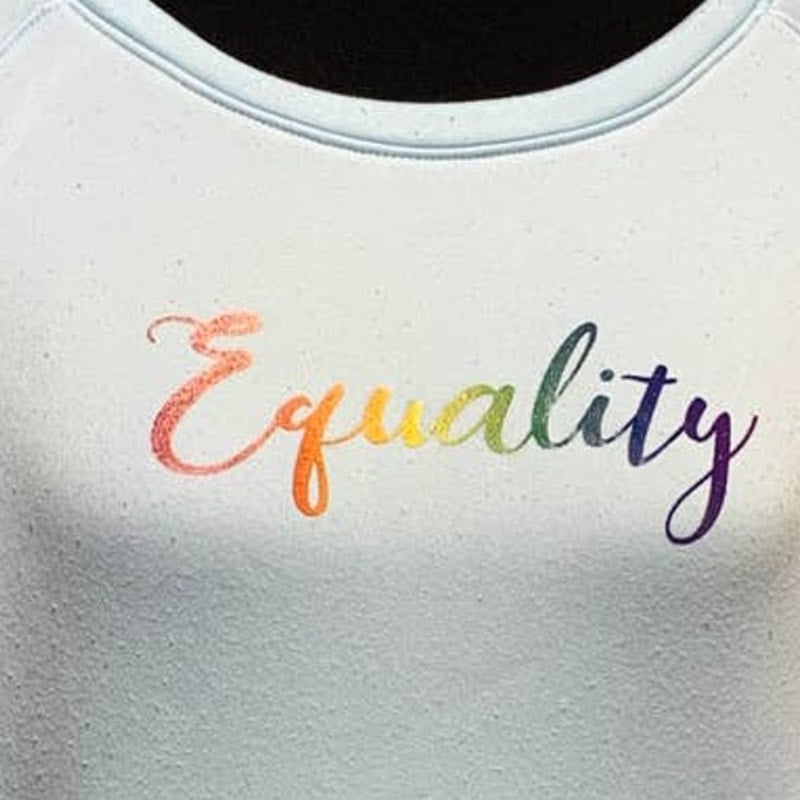 Hand Printed Upcycled Womens Medium Equality Rainbow LGBTQ Pride Sweatshirt