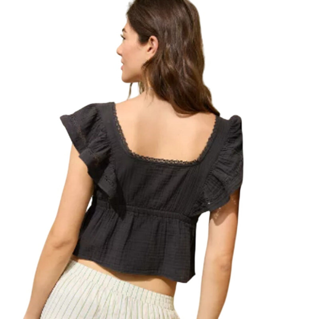 New Aerie Womens Small Button Front Ruffle Sleeve Smoked Gray 100% Cotton Top