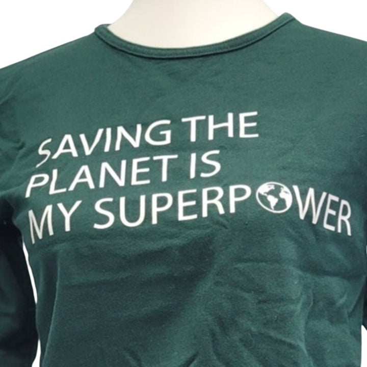 Hand Printed Upcycled Womens Small Saving the Planet Superpower Long Cotton Tee