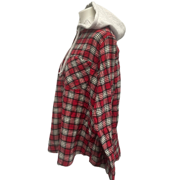 New Hand Printed Womens XL Rustic Pine Cone Long Sleeve Plaid Flannel Hoodie