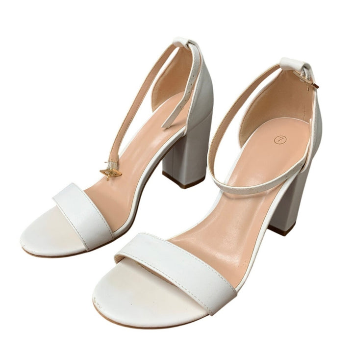 Coasis Womens Size 7 White 3.5" Block Heel Open Toe Ankle Strap Sandal Shoes
