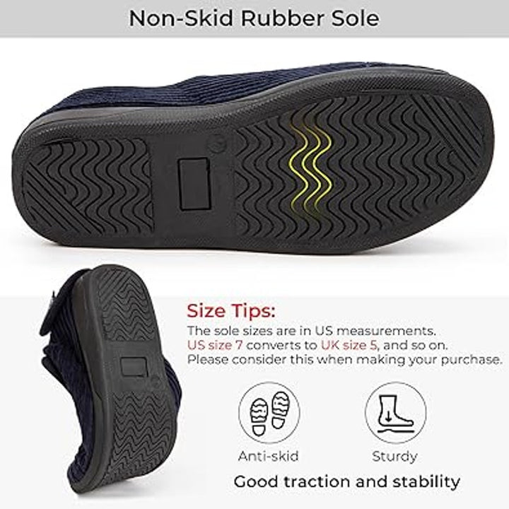 HomeTop Womens Size 10 Navy Blue Corduroy Adjustable Hook Loop Diabetic Slippers