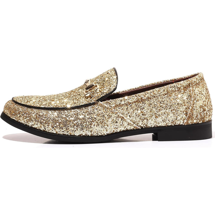 New Cosidram Mens Size 13 Gold Glitter Slide On Buckle Loafers Dress Shoes