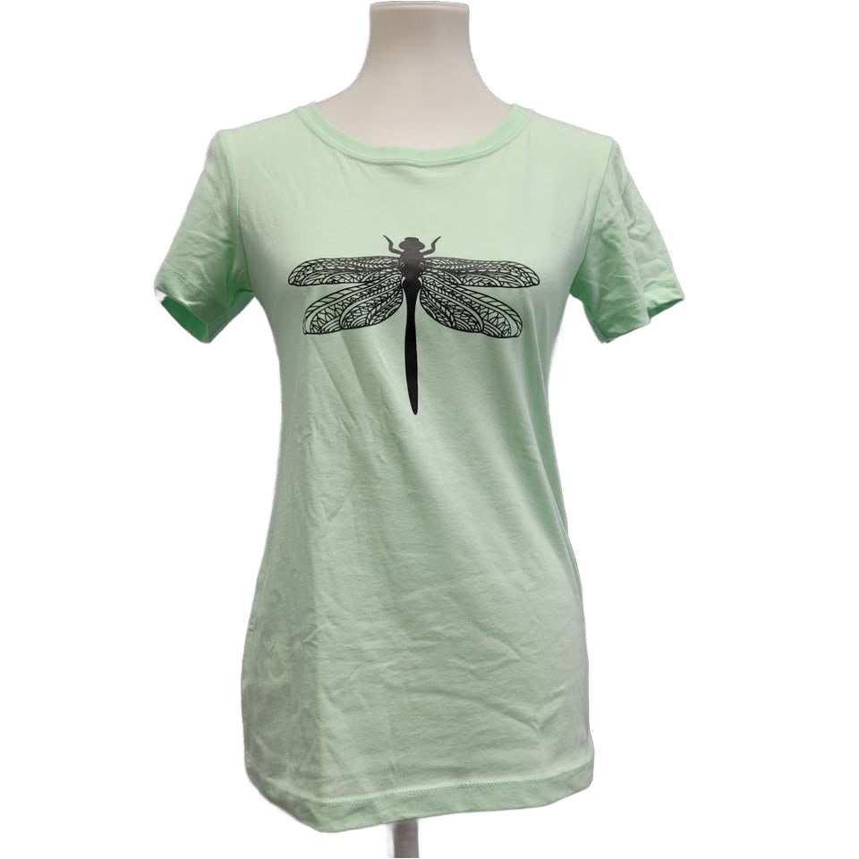 New Hand Printed Womens Small Dragonfly Short Sleeve Cotton Blend Crew Neck Tee