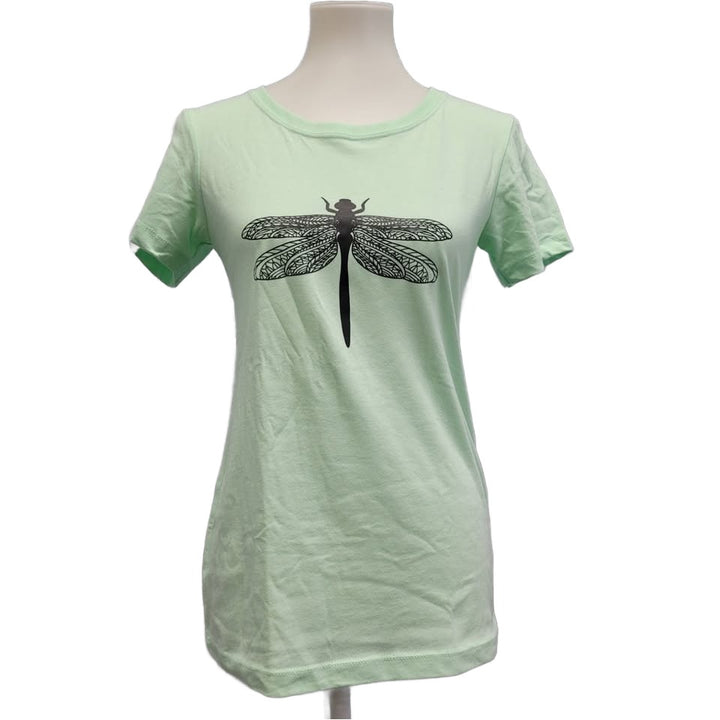 New Hand Printed Womens Small Dragonfly Short Sleeve Cotton Blend Crew Neck Tee