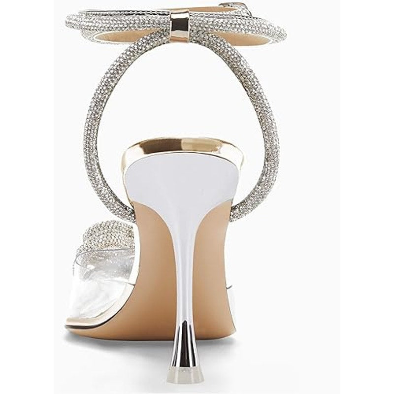 Coutgo Womens 8 Silver Sparkle Heart Clear Closed Toe 4" Heel Ankle Strap Shoes