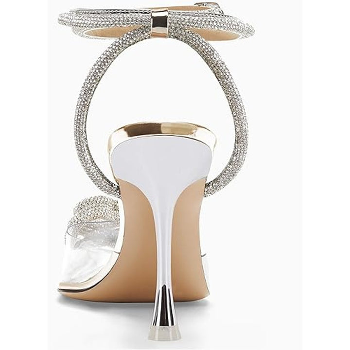 Coutgo Womens 8 Silver Sparkle Heart Clear Closed Toe 4" Heel Ankle Strap Shoes