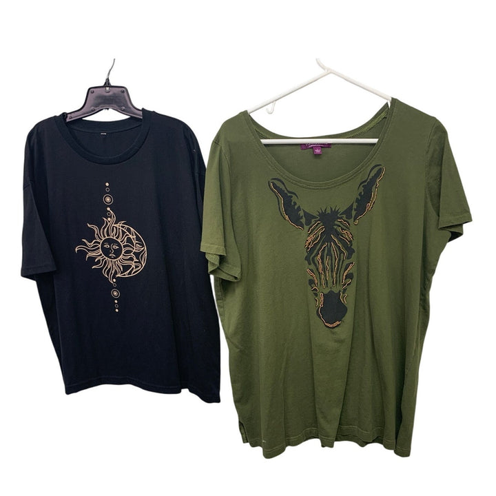 Lot of 2 Taillissime Womens Large Short Sleeve Sun Moon Beaded Zebra Tee Shirts