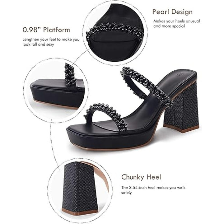 Coutgo Womens Size 7.5 Black Beaded 4" Platform Block Heel Slide On Sandal Shoes