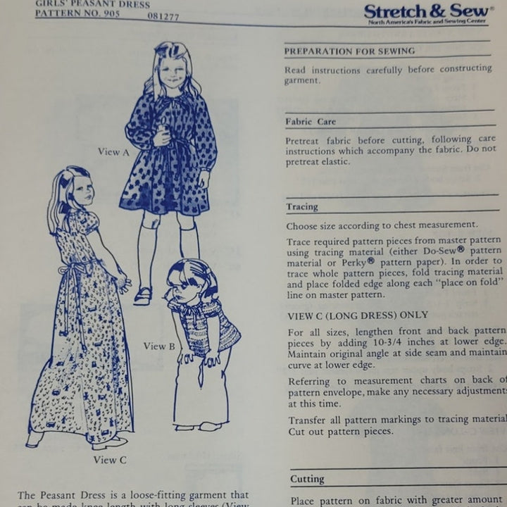 Vintage 1977 Stretch &amp; Sew 905 Girls Peasant Dress Uncut Sewing Pattern