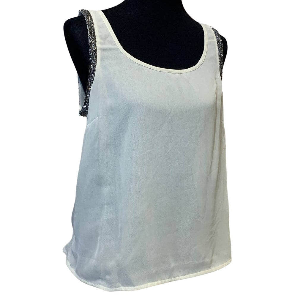 Willow &amp; Clay Womens Medium Sheer Sleeveless Silver Beaded Ivory Dressy Tank Top
