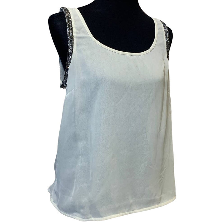 Willow &amp; Clay Womens Medium Sheer Sleeveless Silver Beaded Ivory Dressy Tank Top