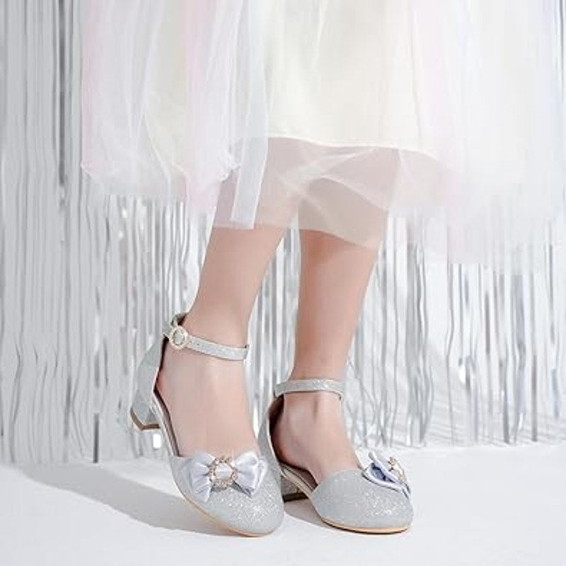 Motasha Big Girls Size 1 Silver Glitter Ankle Strap 1" Heel Wedding Dressy Shoes