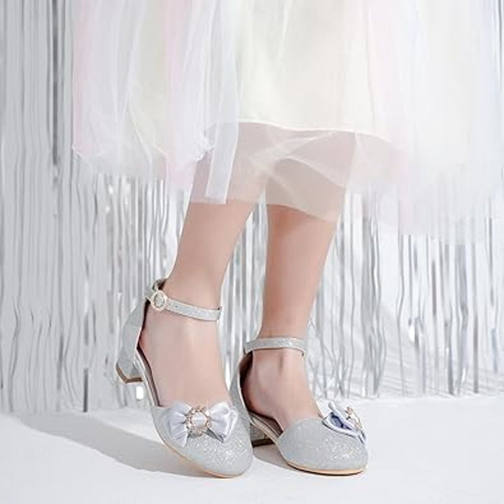 Motasha Big Girls Size 1 Silver Glitter Ankle Strap 1" Heel Wedding Dressy Shoes