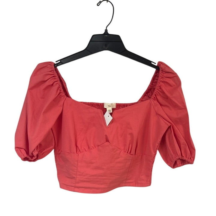 New Francescas Womens XS Coral Pink Cotton Blend Smocked Cropped Pouf Sleeve Top