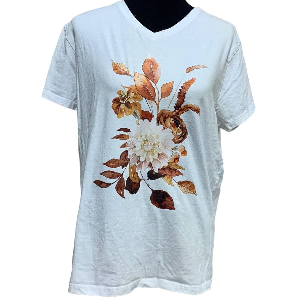 Hand Printed Upcycled Womens Large Fall Leaves Floral Harvest Bouquet Tee
