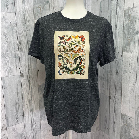 Hand Printed Upcycled Womens Large Vintage Book Page Butterfly Short Sleeve Tee