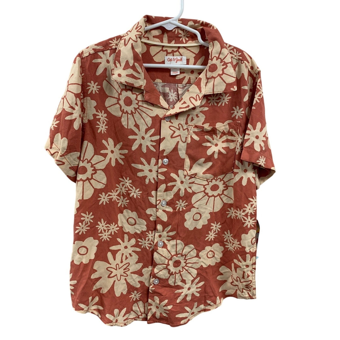 2 New Cat &amp; Jack Boys Medium (8) Short Sleeve Floral Melon Button Up Shirts